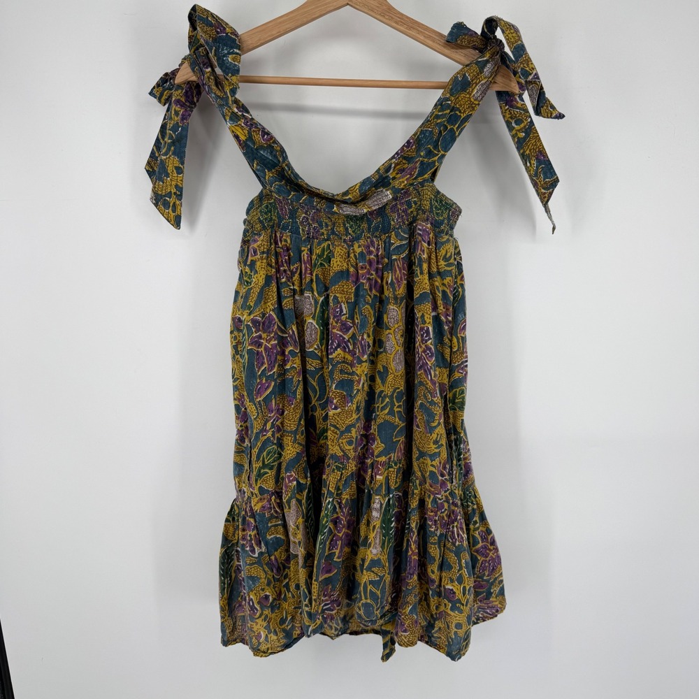 Cleobella Violette Mini Dress Womens Small Teal Floral Indo Block Organic Cotton - Picture 3 of 9